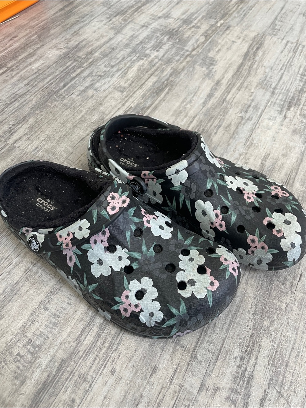 CROCS Black Floral Clogs with Pink & White Blossoms